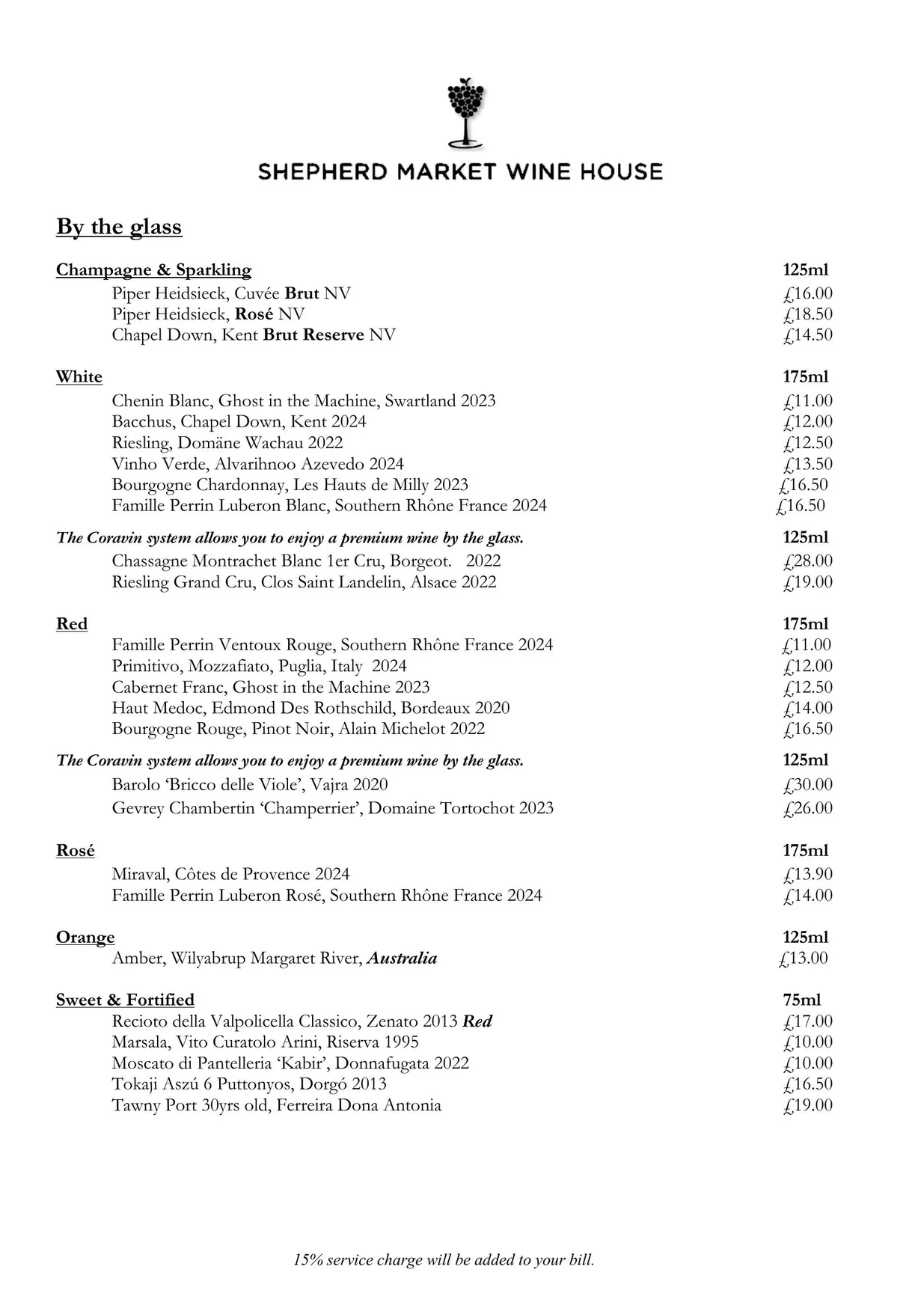 Shepherd Market Wine House menu, page 1