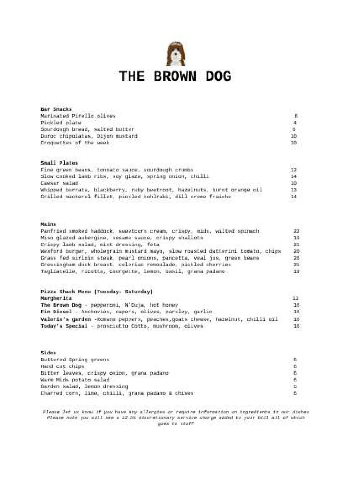 The Brown Dog menu, page 1