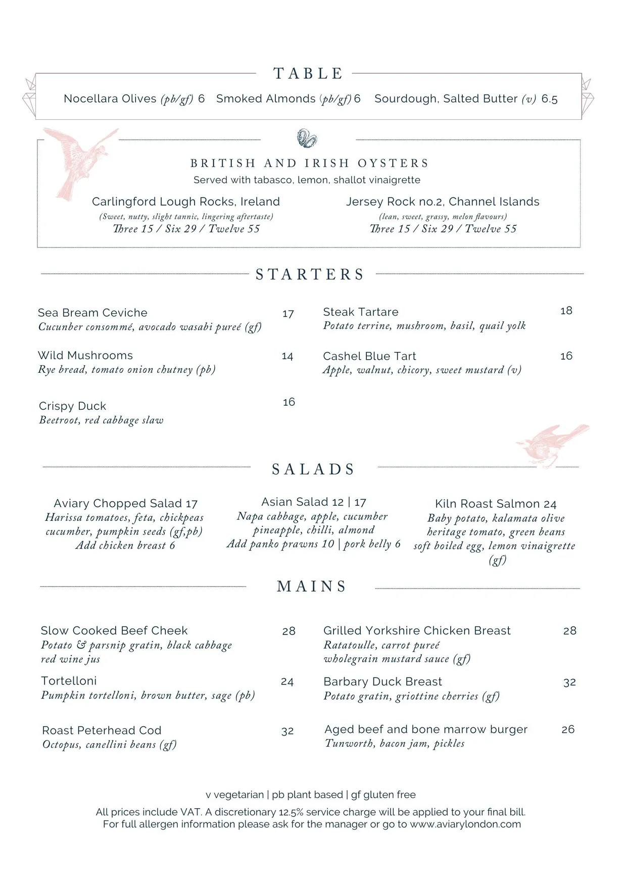 Aviary menu, page 1