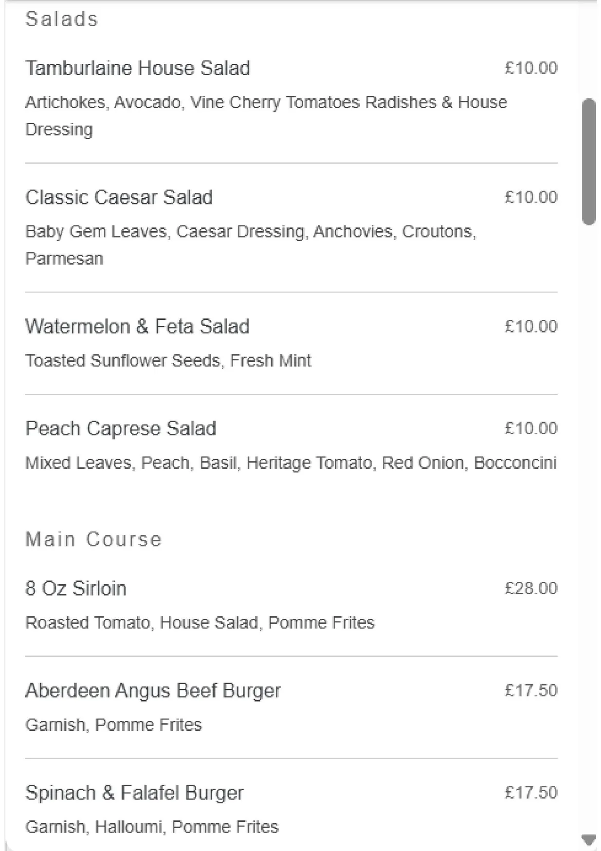 The Tamburlaine Restaurant & Bar menu, page 2