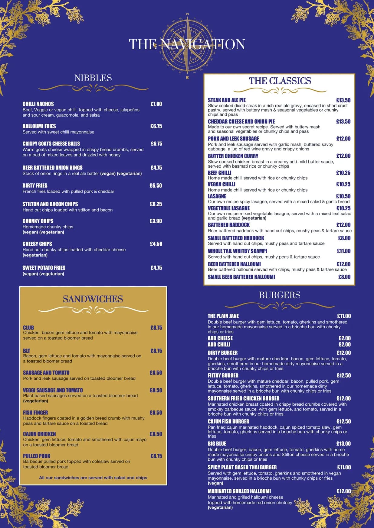 The Navigation Inn menu, page 1