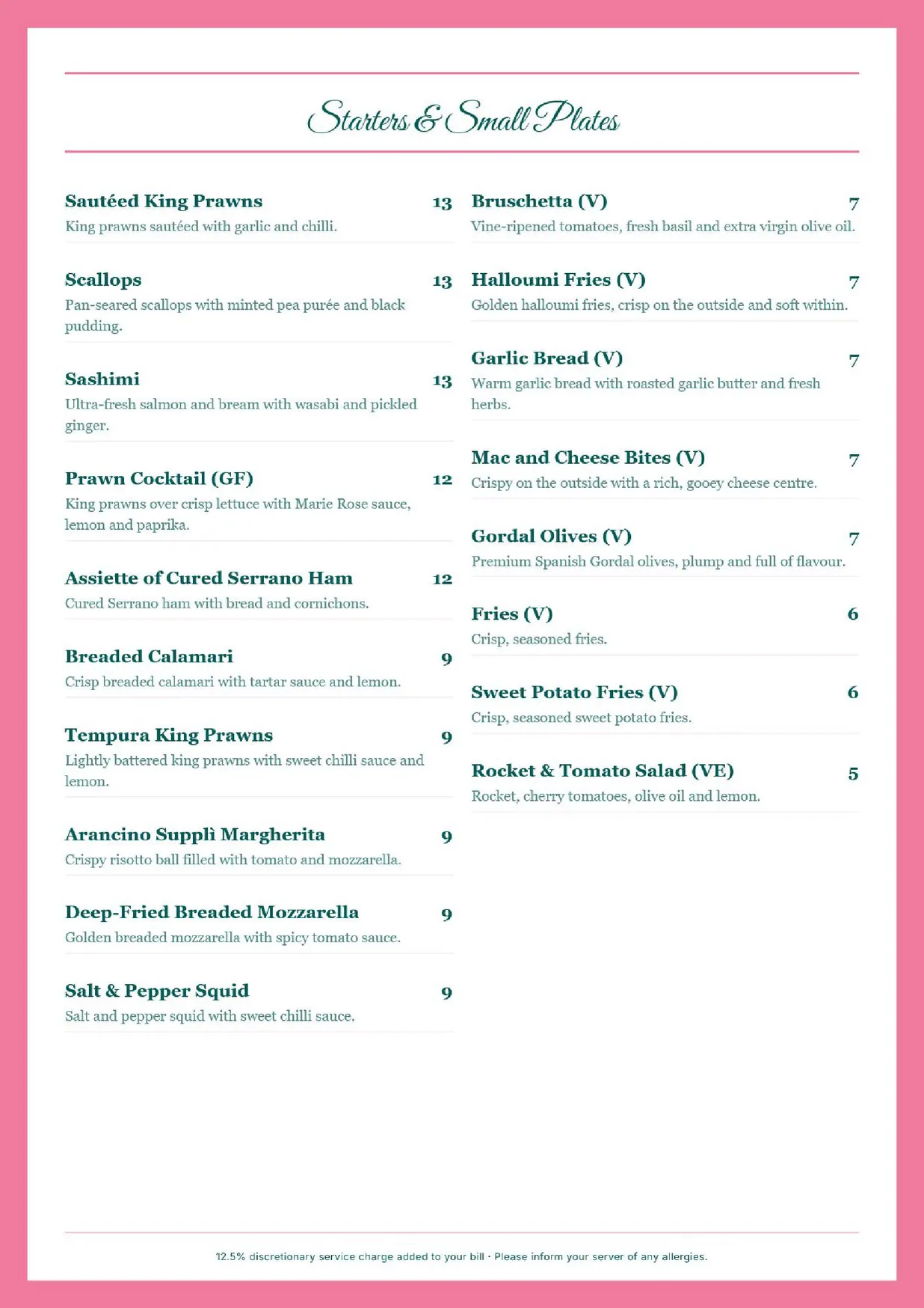 Pink Flamingo menu, page 2