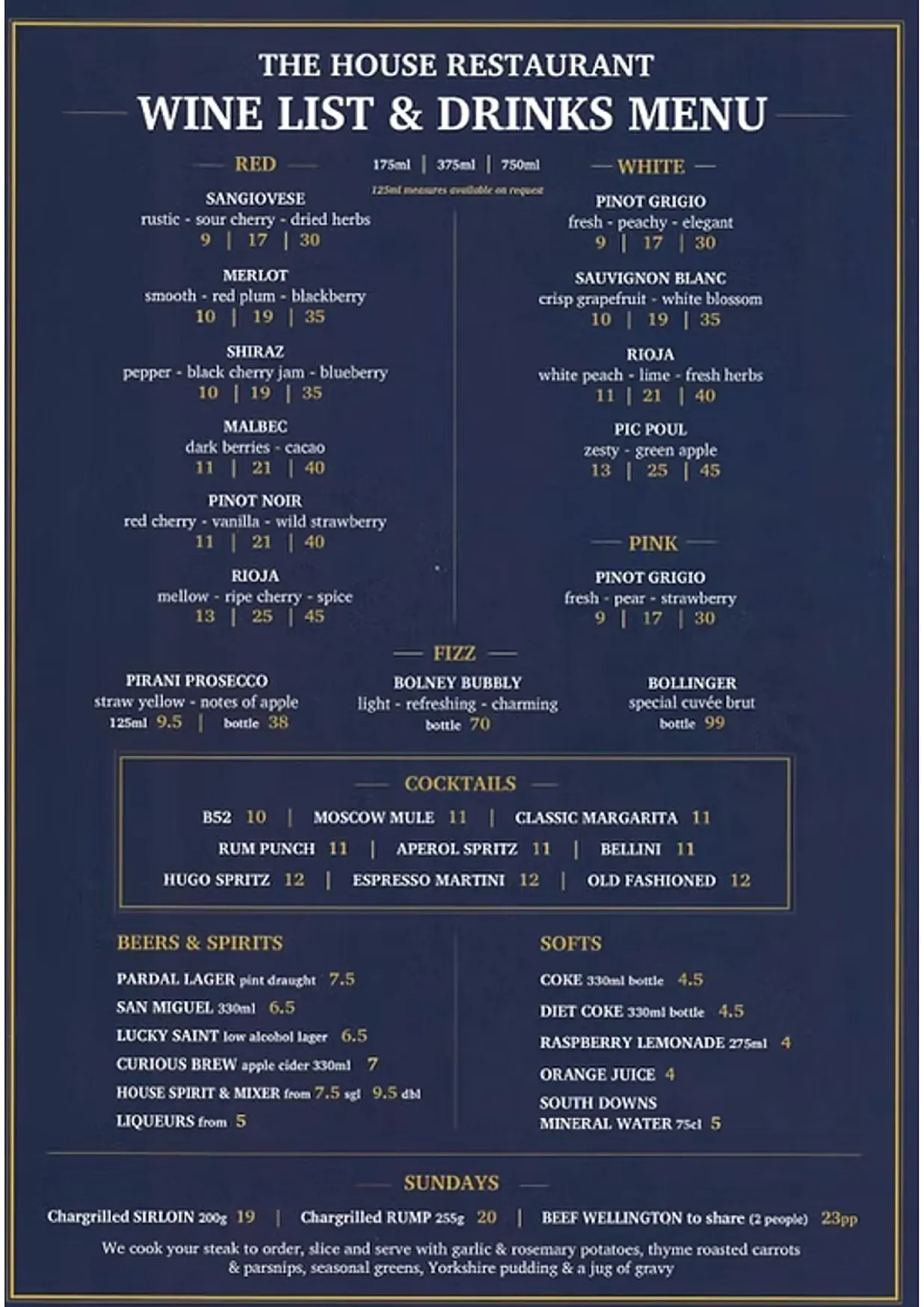 The House Restaurant menu, page 1