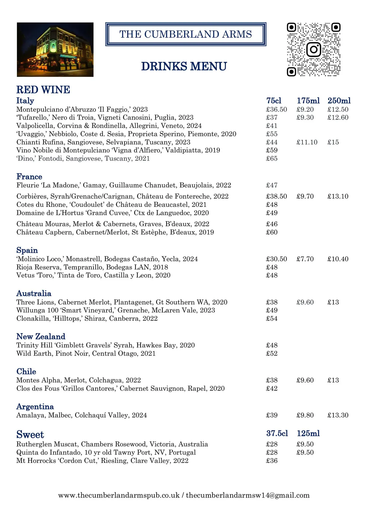 The Cumberland Arms menu, page 3