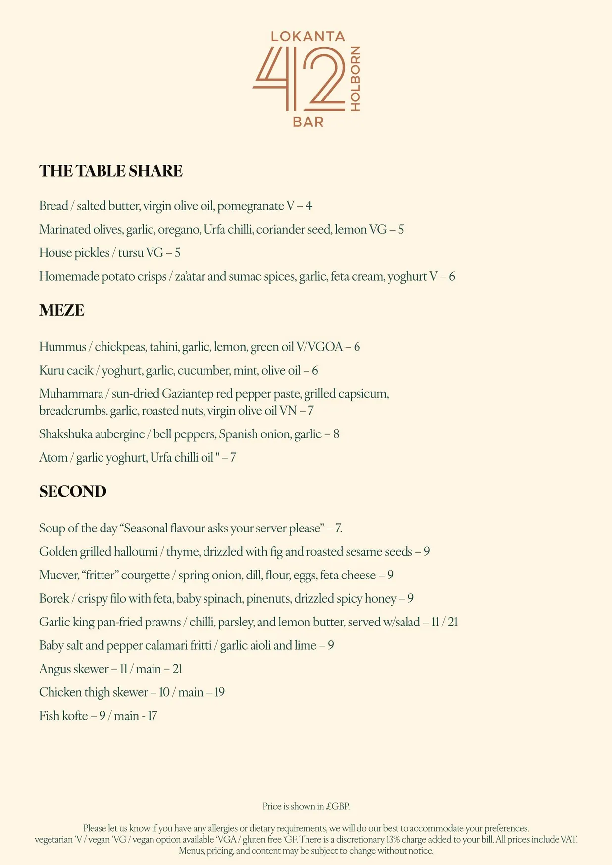 42 Holborn menu, page 2