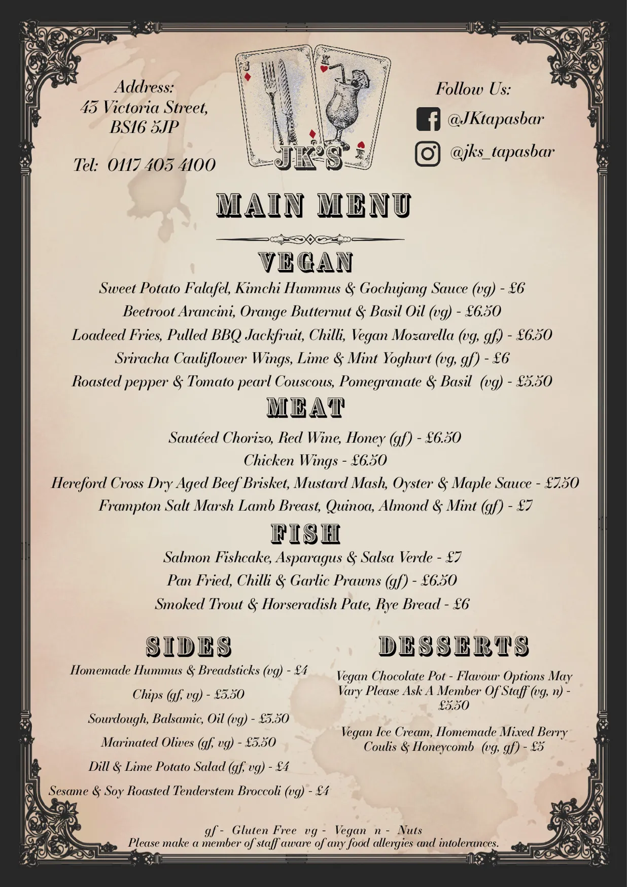 JK's Tapas Restaurant & Cocktail Bar menu, page 1
