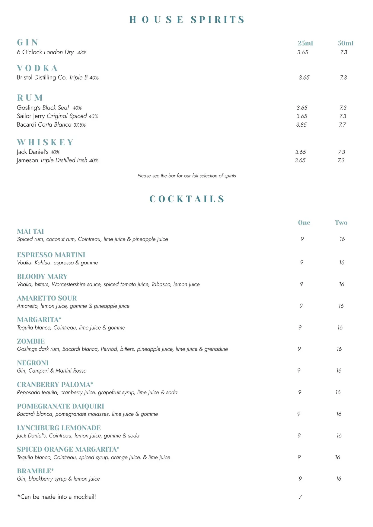 The Eastfield Pub menu, page 4