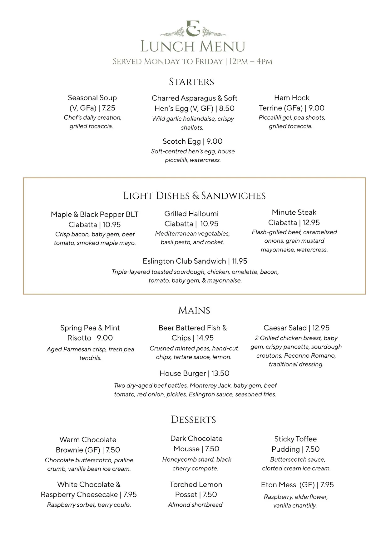 Eslington Manor menu, page 5