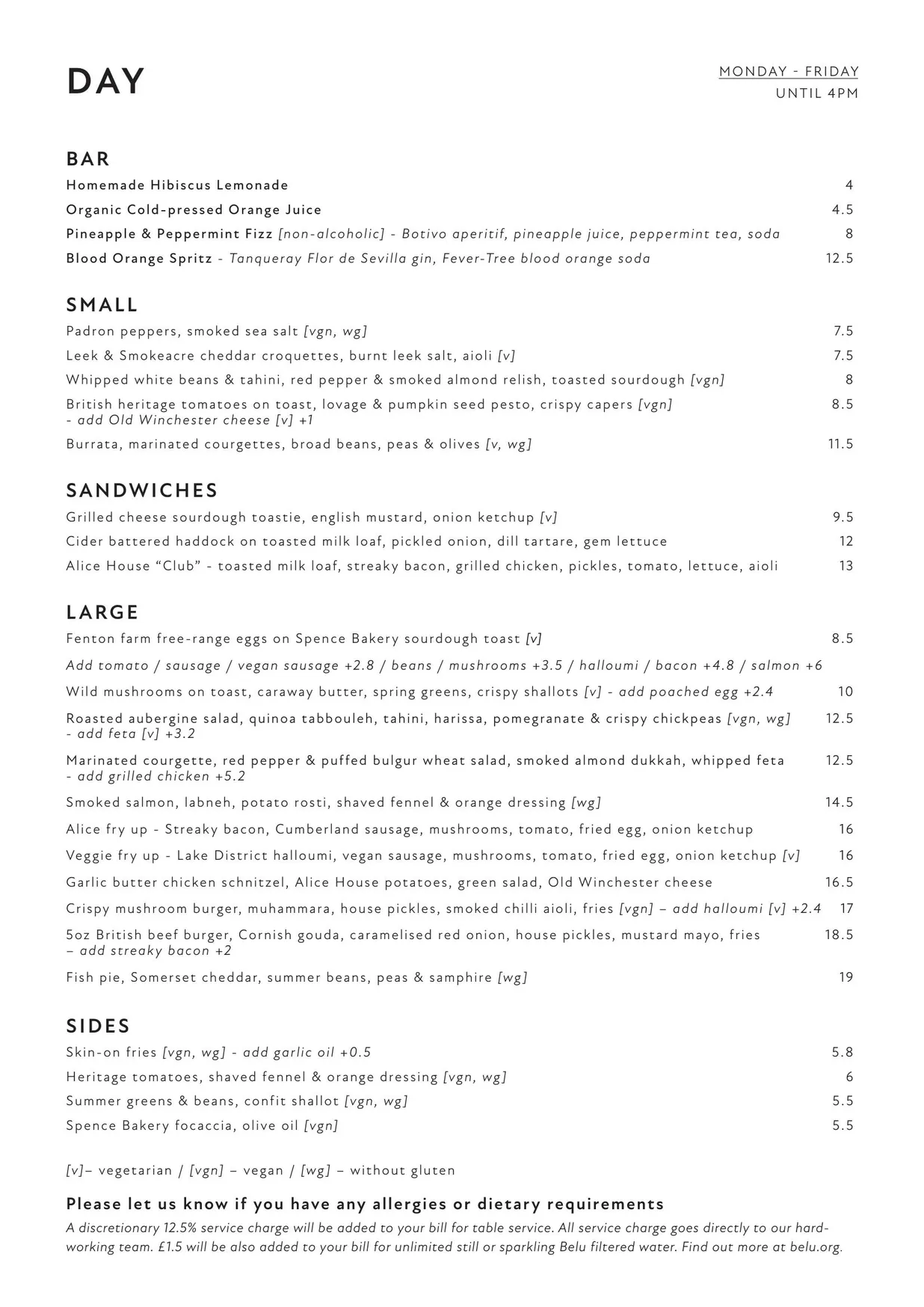 Alice House menu, page 1
