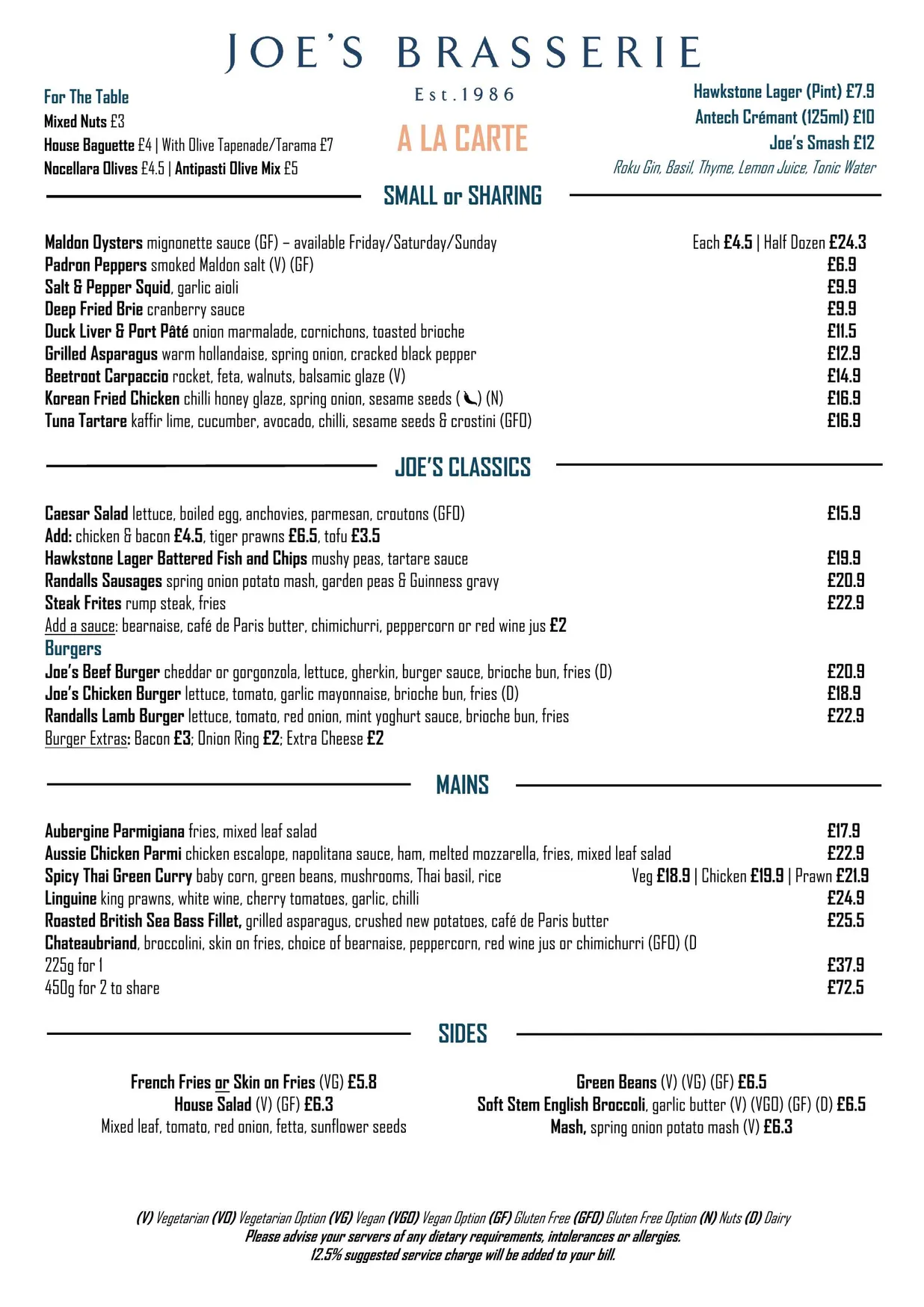 Joe's Brasserie menu, page 1