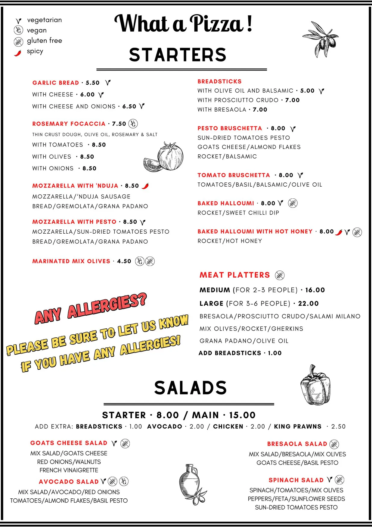 What A Pizza! menu, page 1