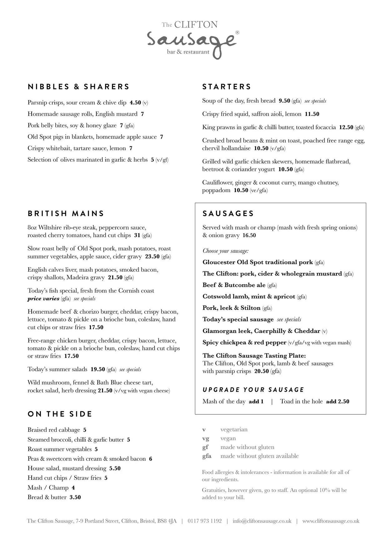 The Clifton Sausage menu, page 1