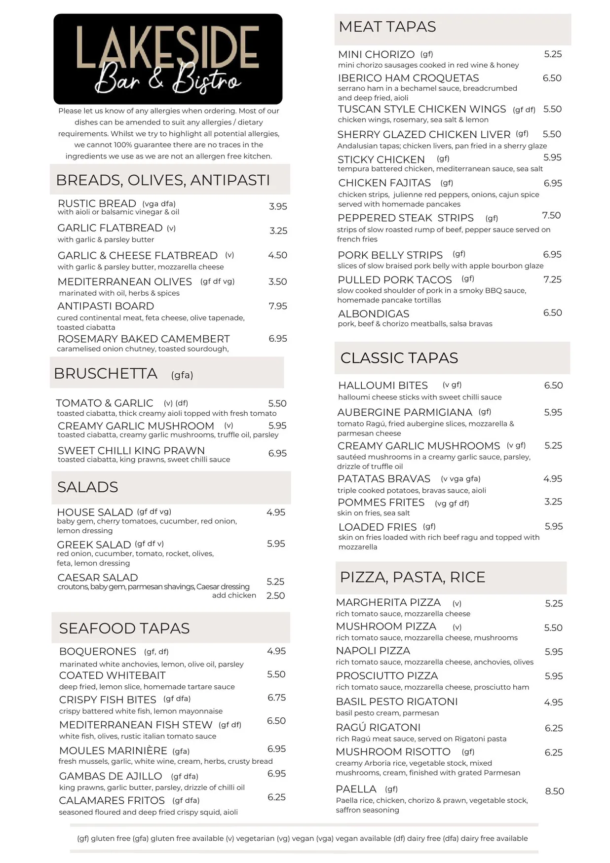 Lakeside Bar & Bistro at Stanton Lakes menu, page 1