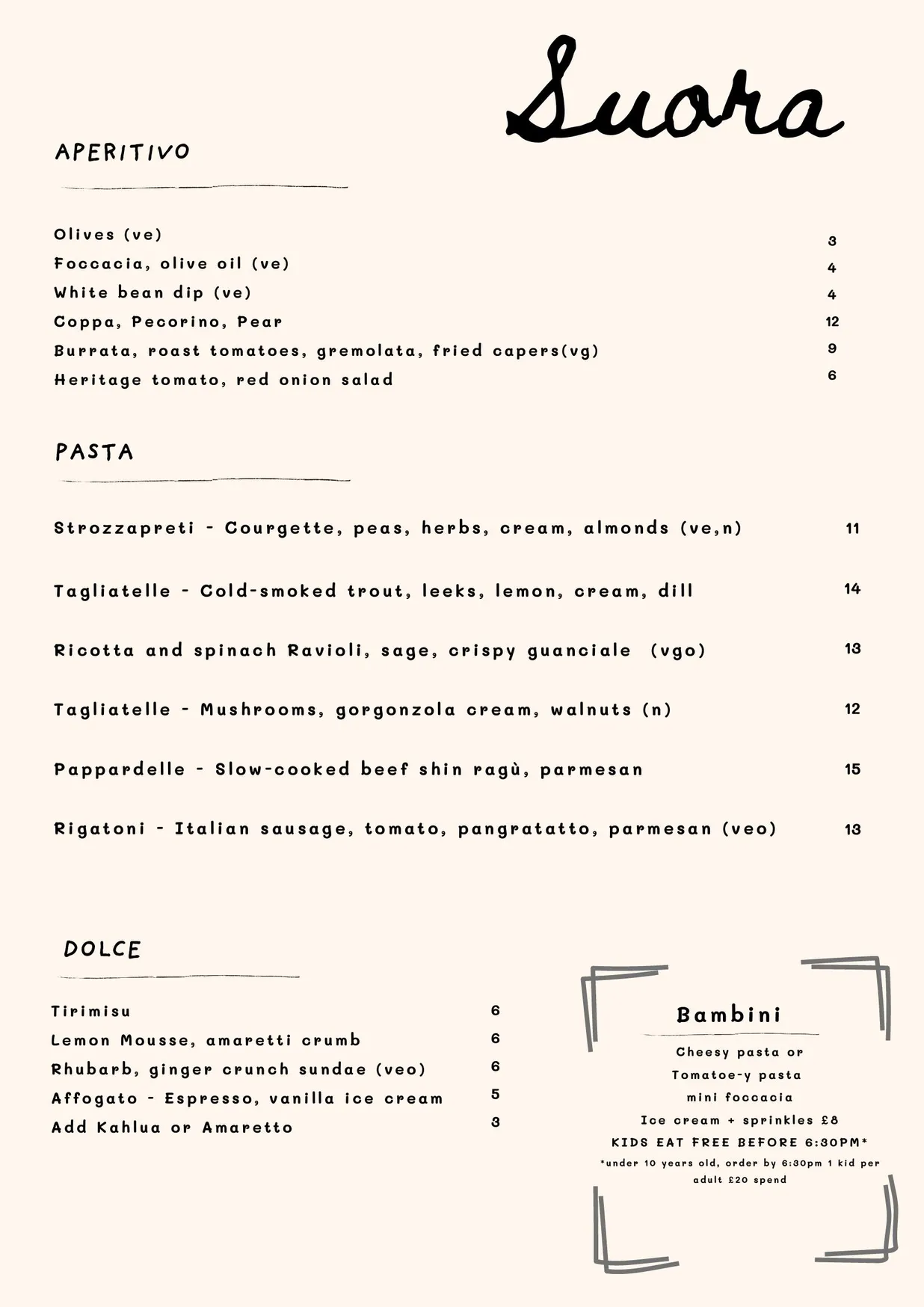 Suora by Mosey menu, page 1