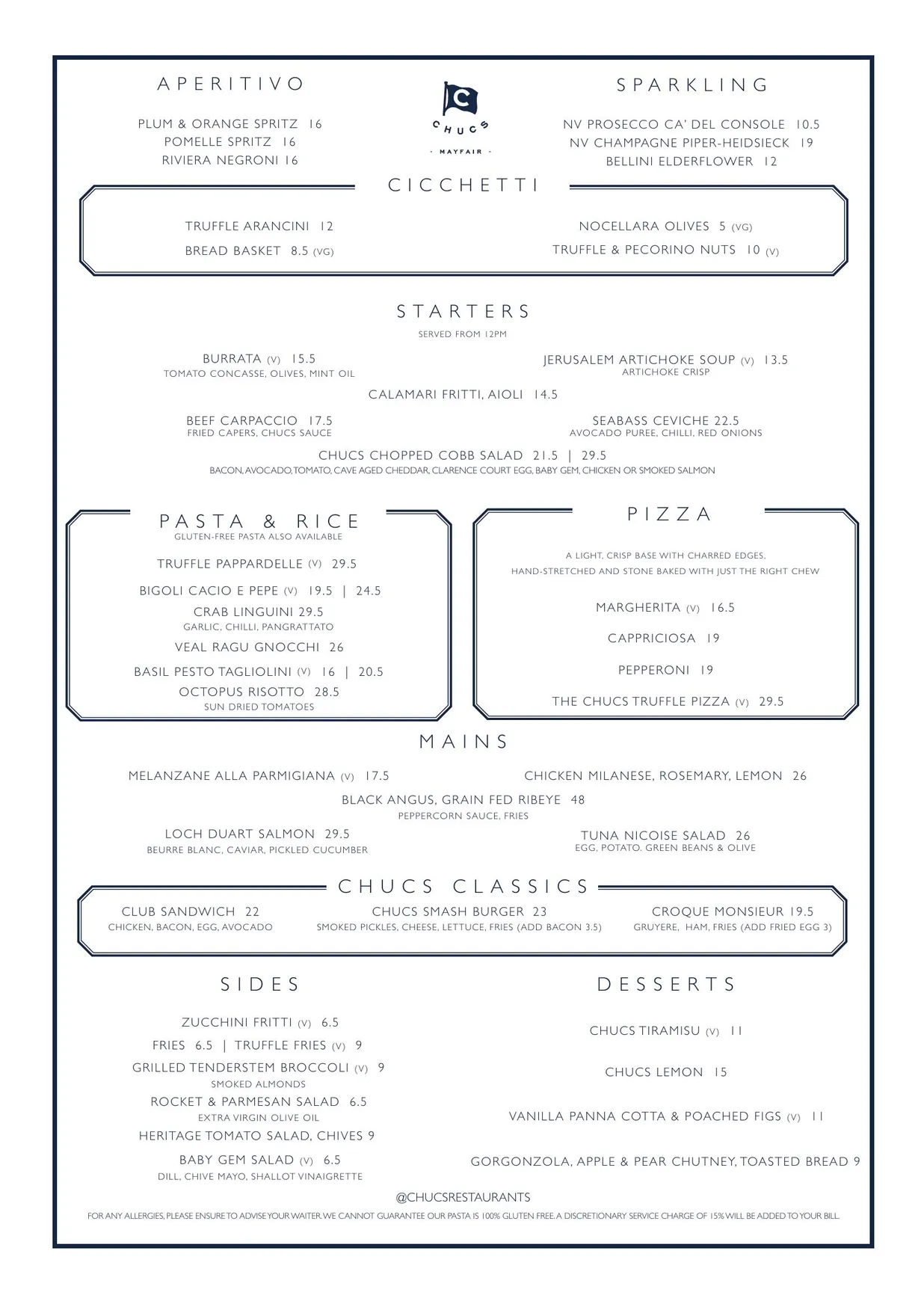 Chucs Mayfair menu, page 1