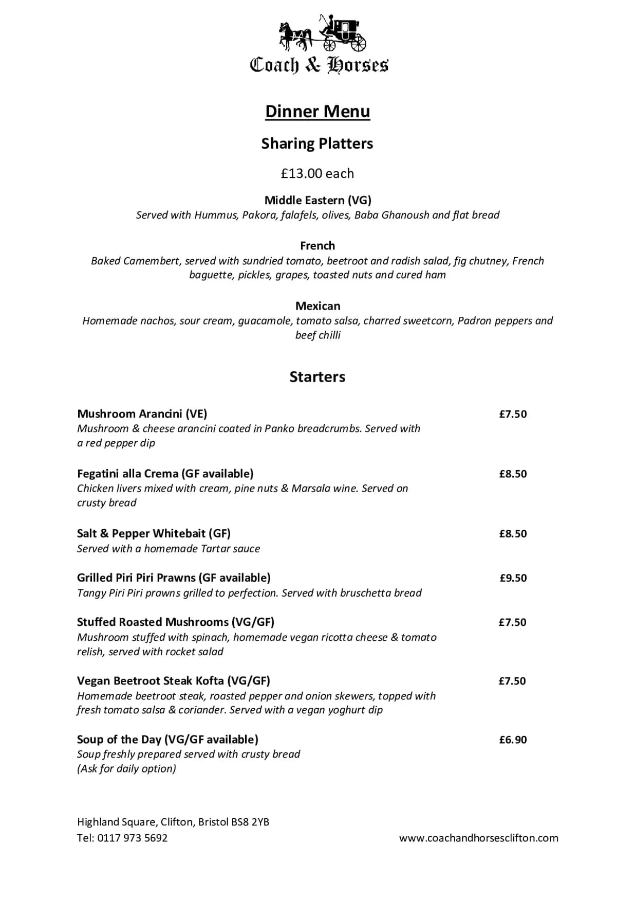 Coach and Horses menu, page 1