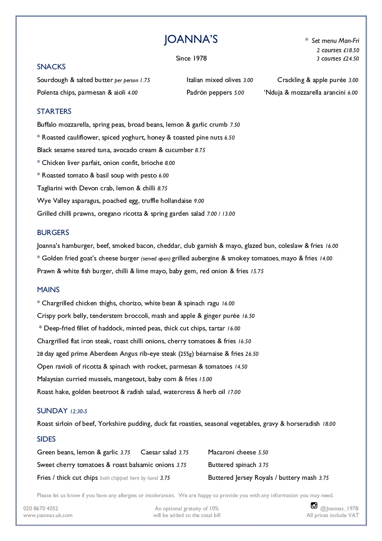 Joanna's menu, page 1