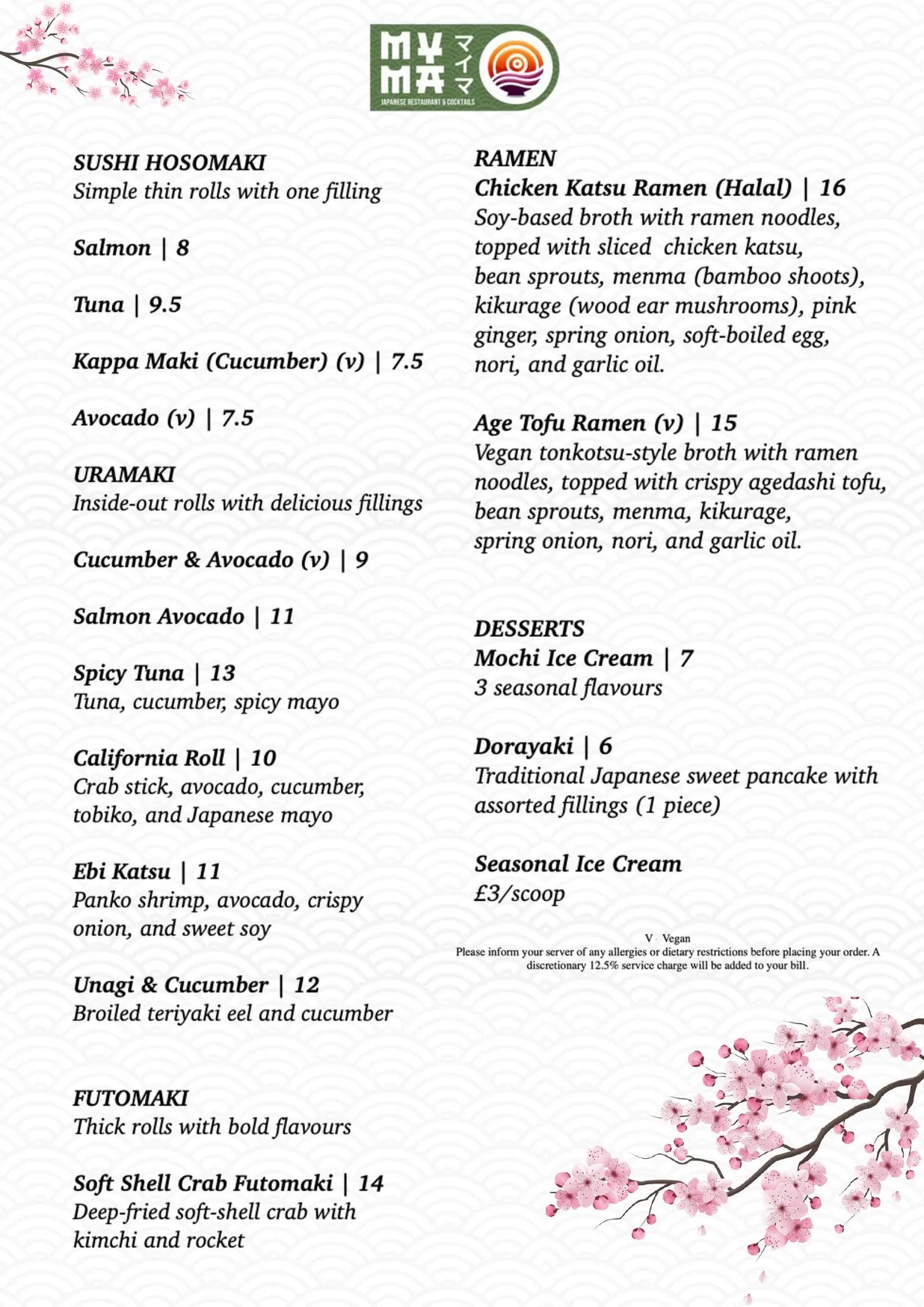 MYMA menu, page 2