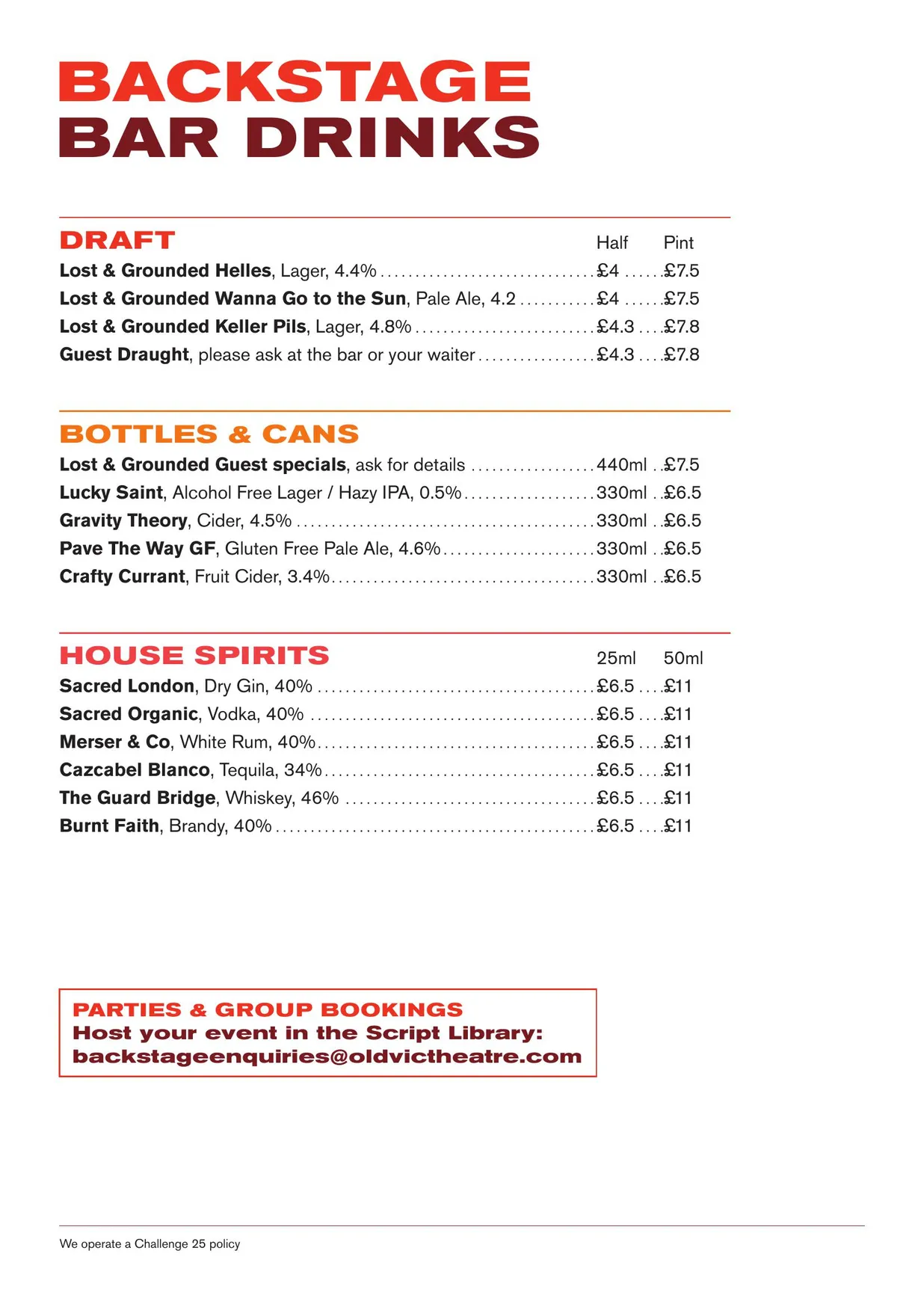 Backstage at The Old Vic menu, page 7