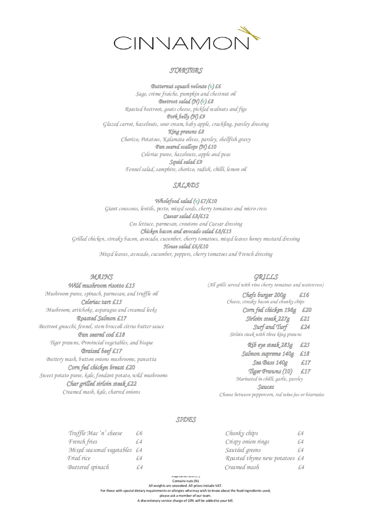 Cinnamon Restaurant menu, page 1