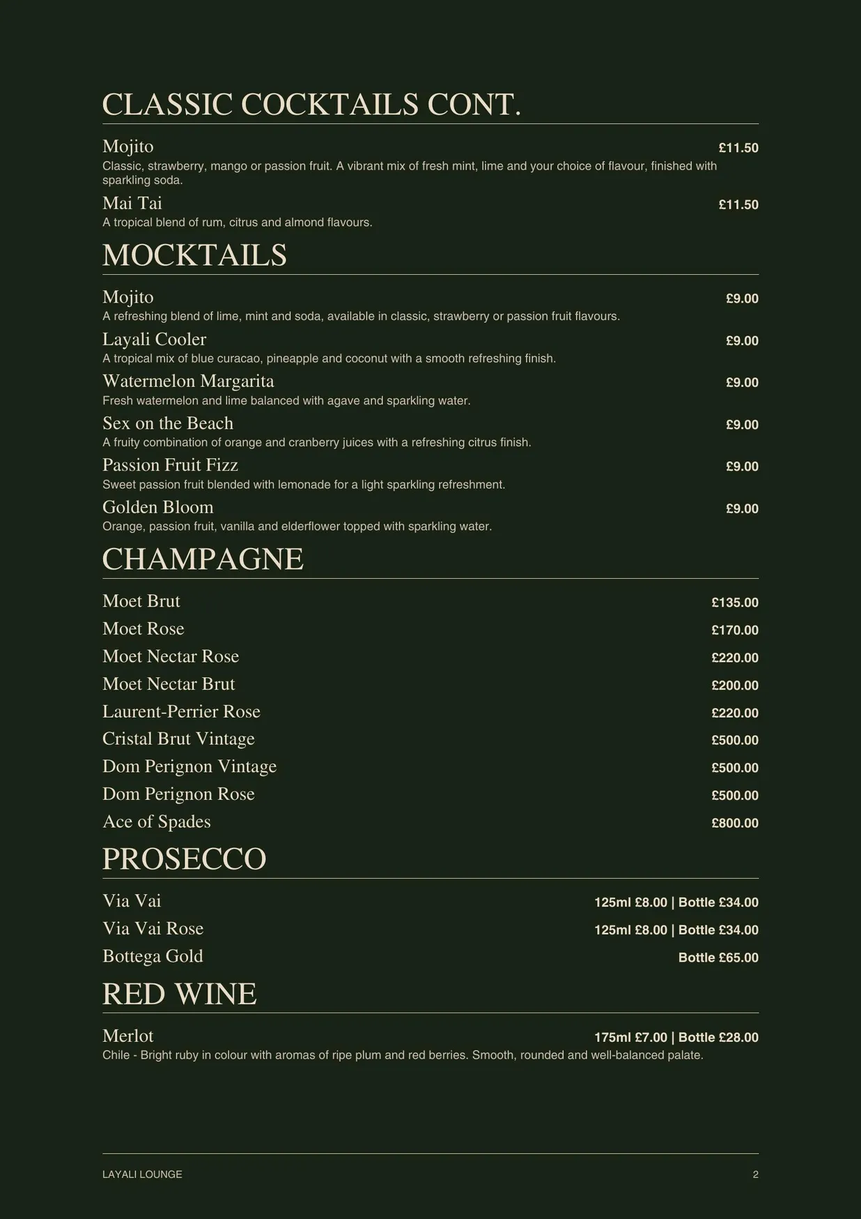 Layali Lounge menu, page 7