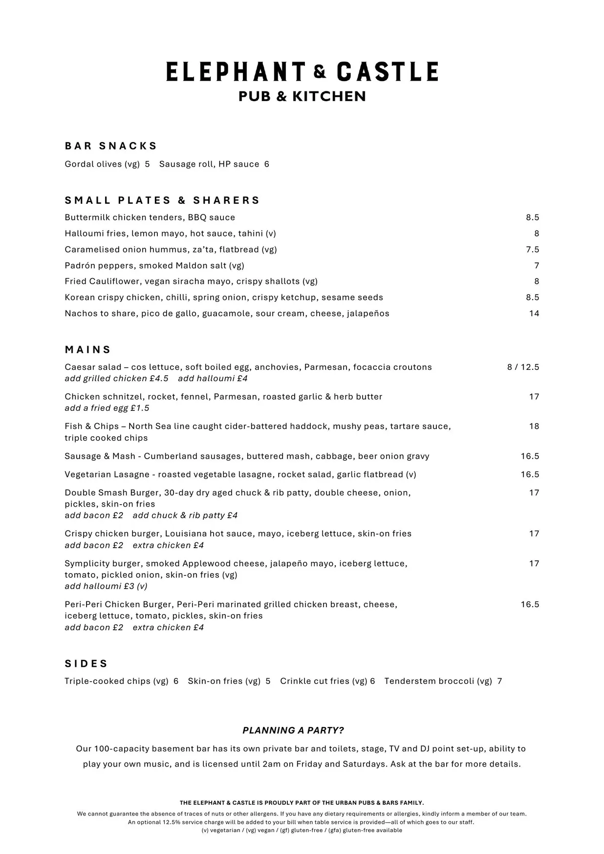 The Elephant & Castle menu, page 1