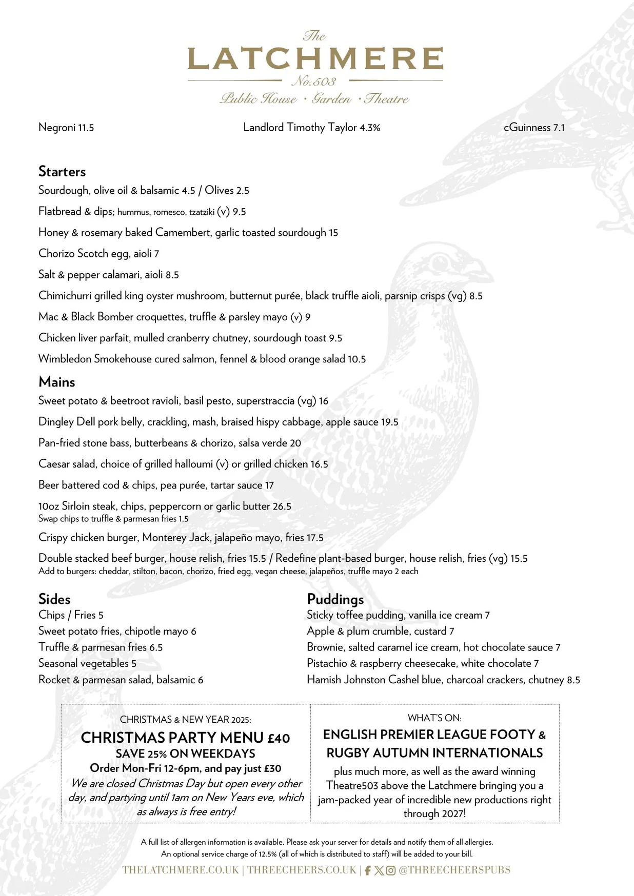 The Latchmere menu, page 1