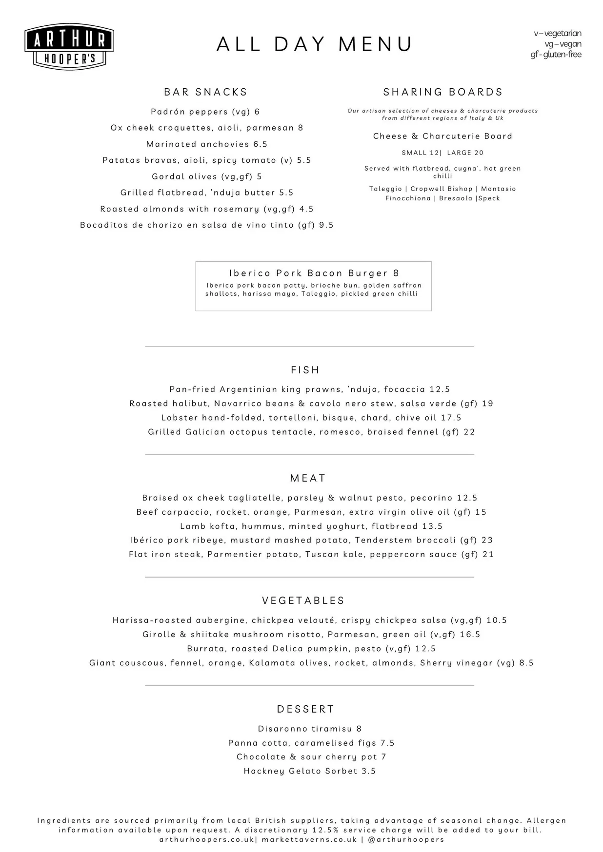 Arthur Hooper's menu, page 1