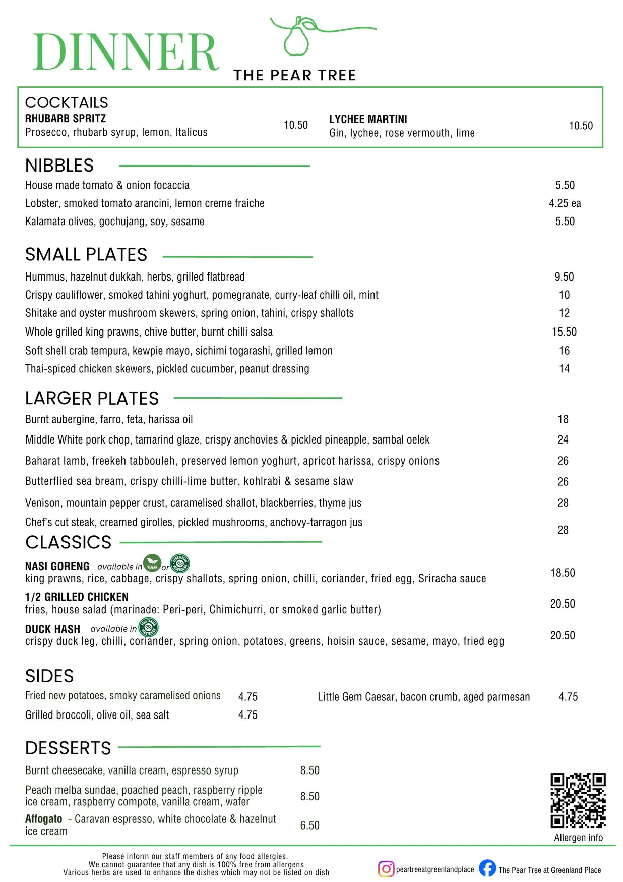 The Pear Tree Kitchen menu, page 1