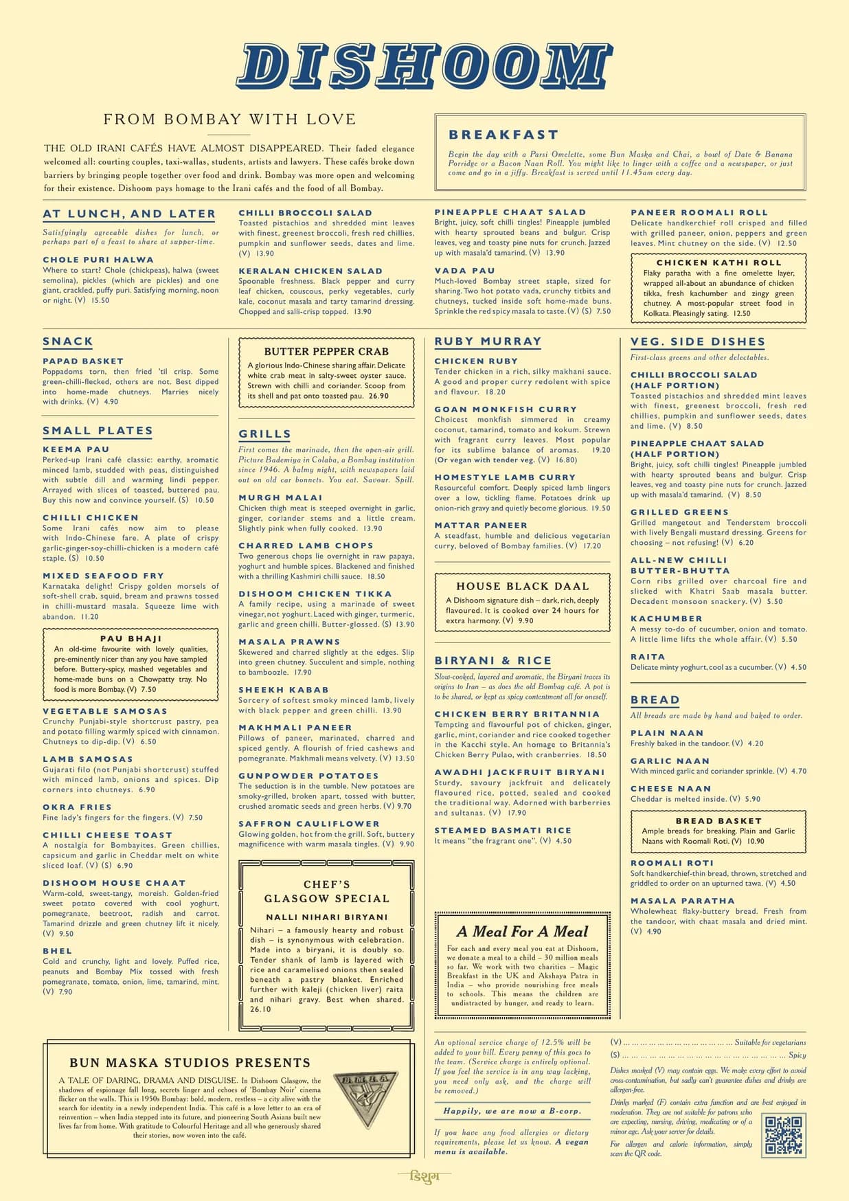 Dishoom Glasgow menu, page 1