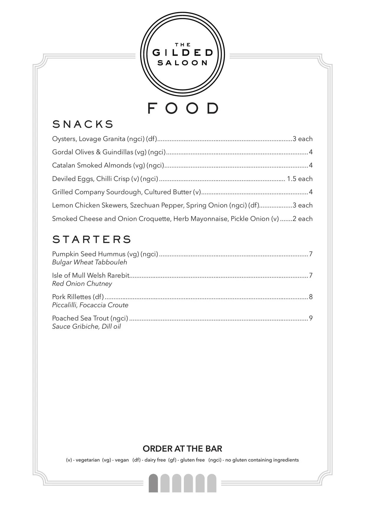 The Gilded Saloon menu, page 1