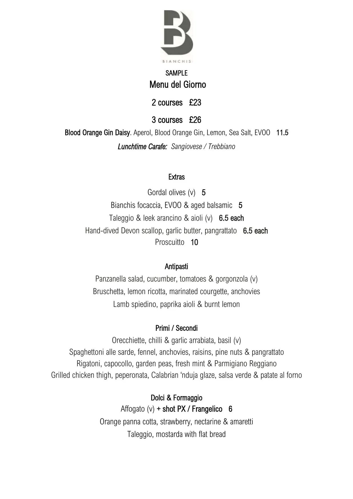 Bianchis menu, page 2