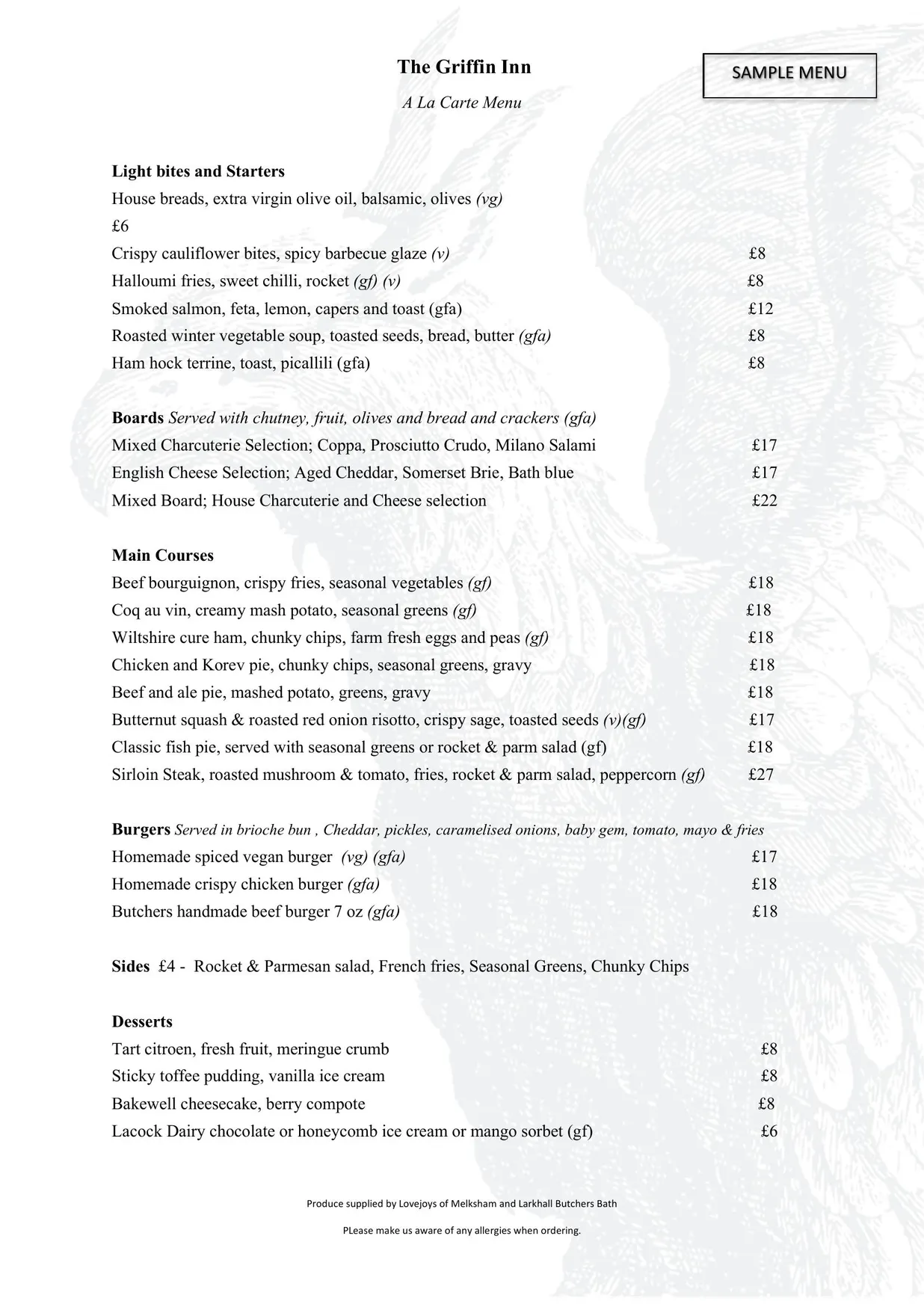 The Griffin Inn menu, page 1