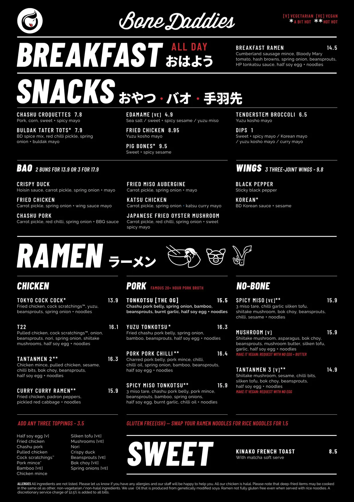 Bone Daddies menu, page 1