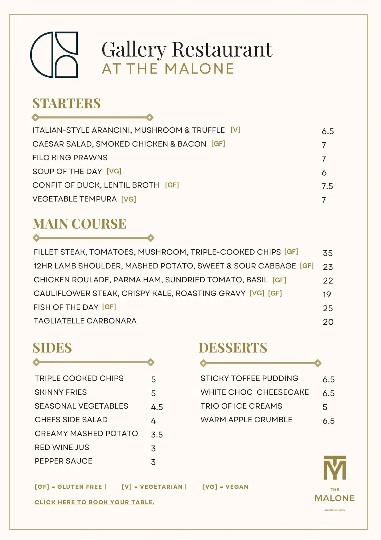Gallery Restaurant menu, page 1