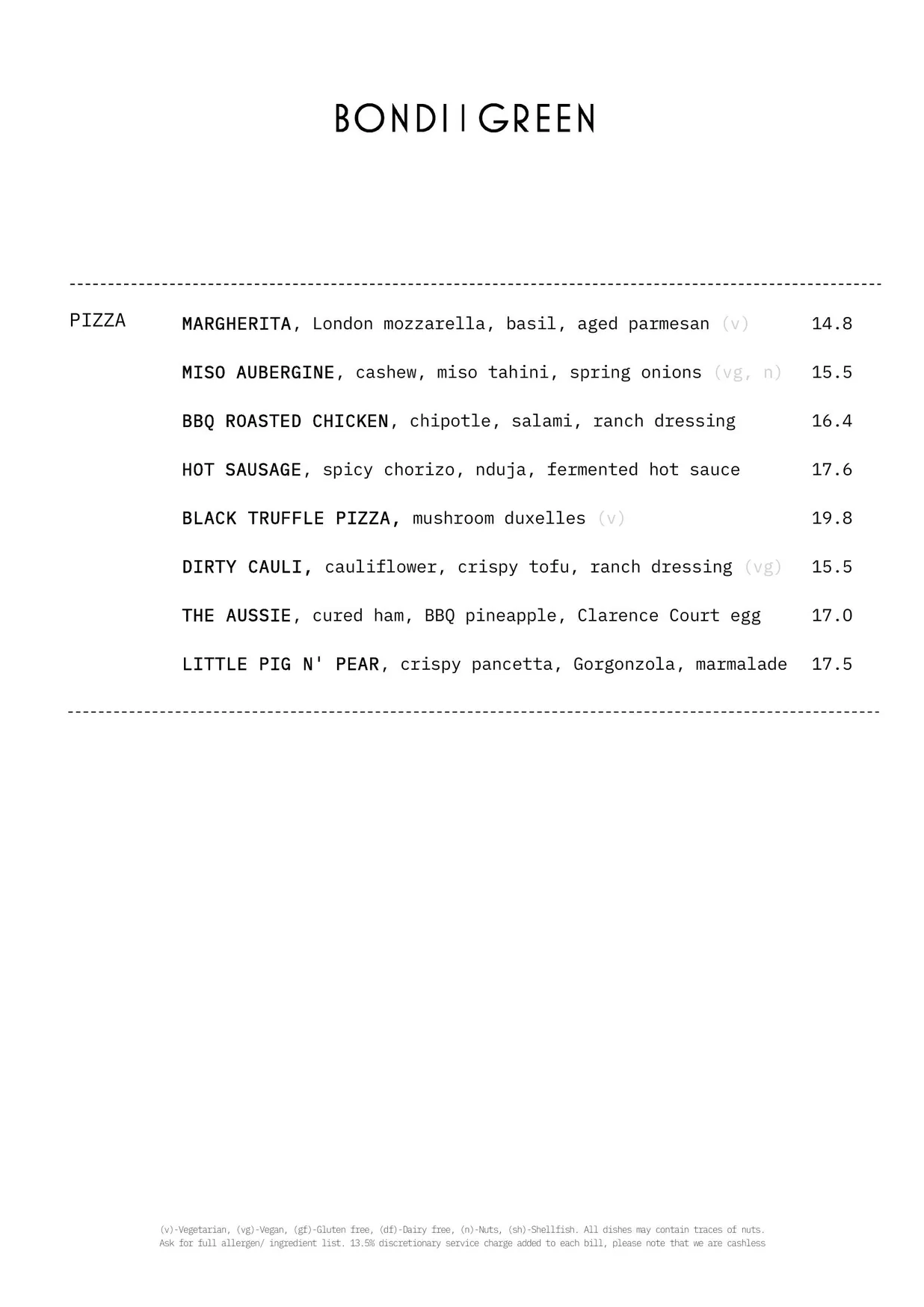 Bondi Green menu, page 1