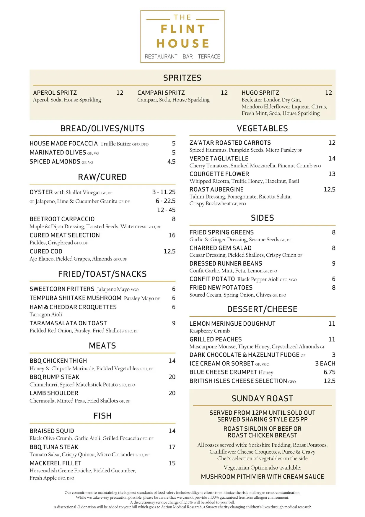 The Flint House menu, page 1