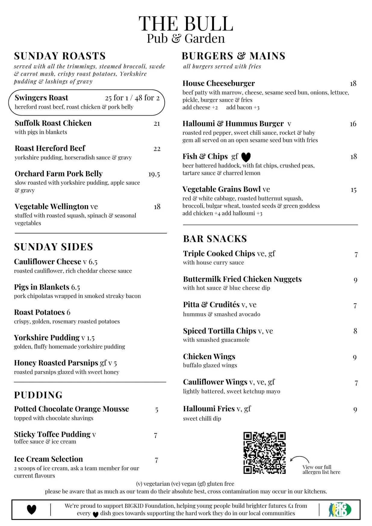 The Bull menu, page 1