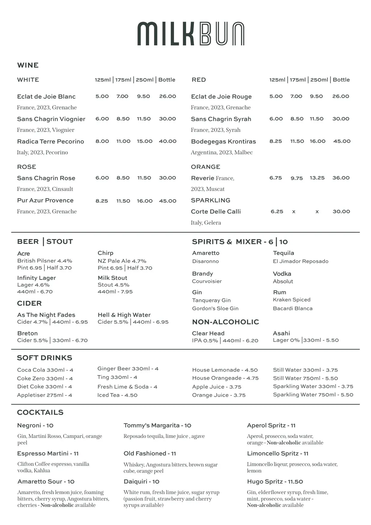 Milk Bun menu, page 1