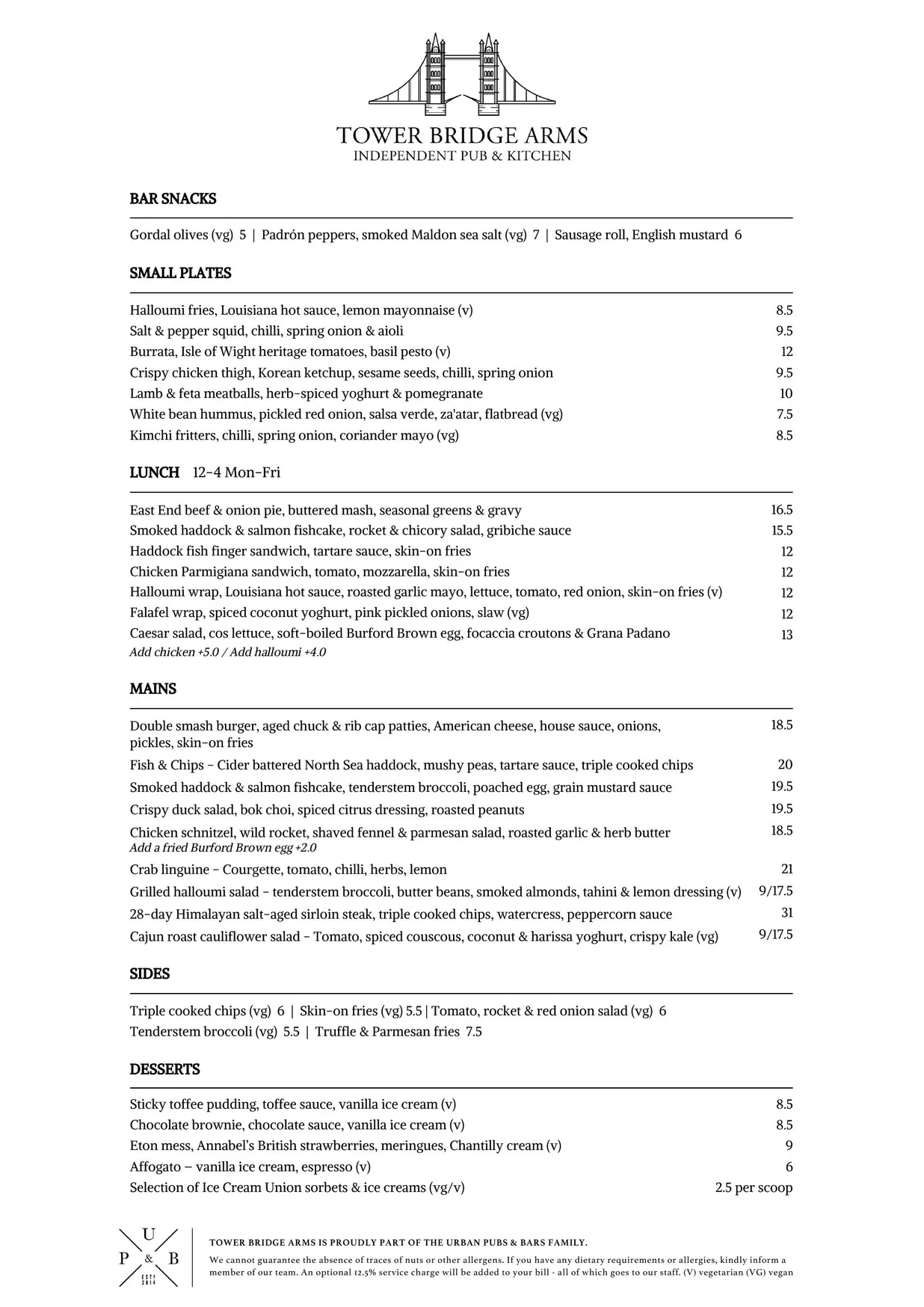 Tower Bridge Arms menu, page 1