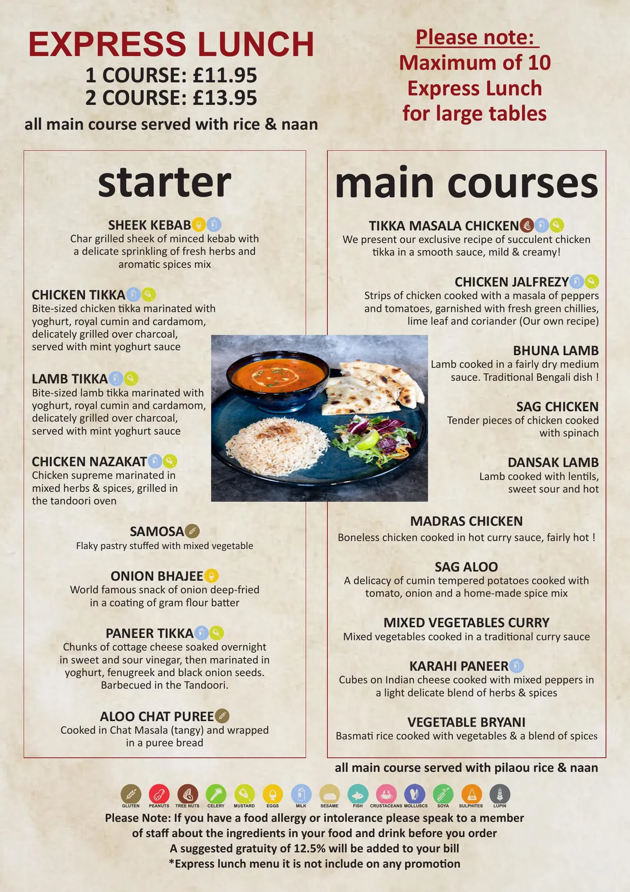 The India menu, page 1