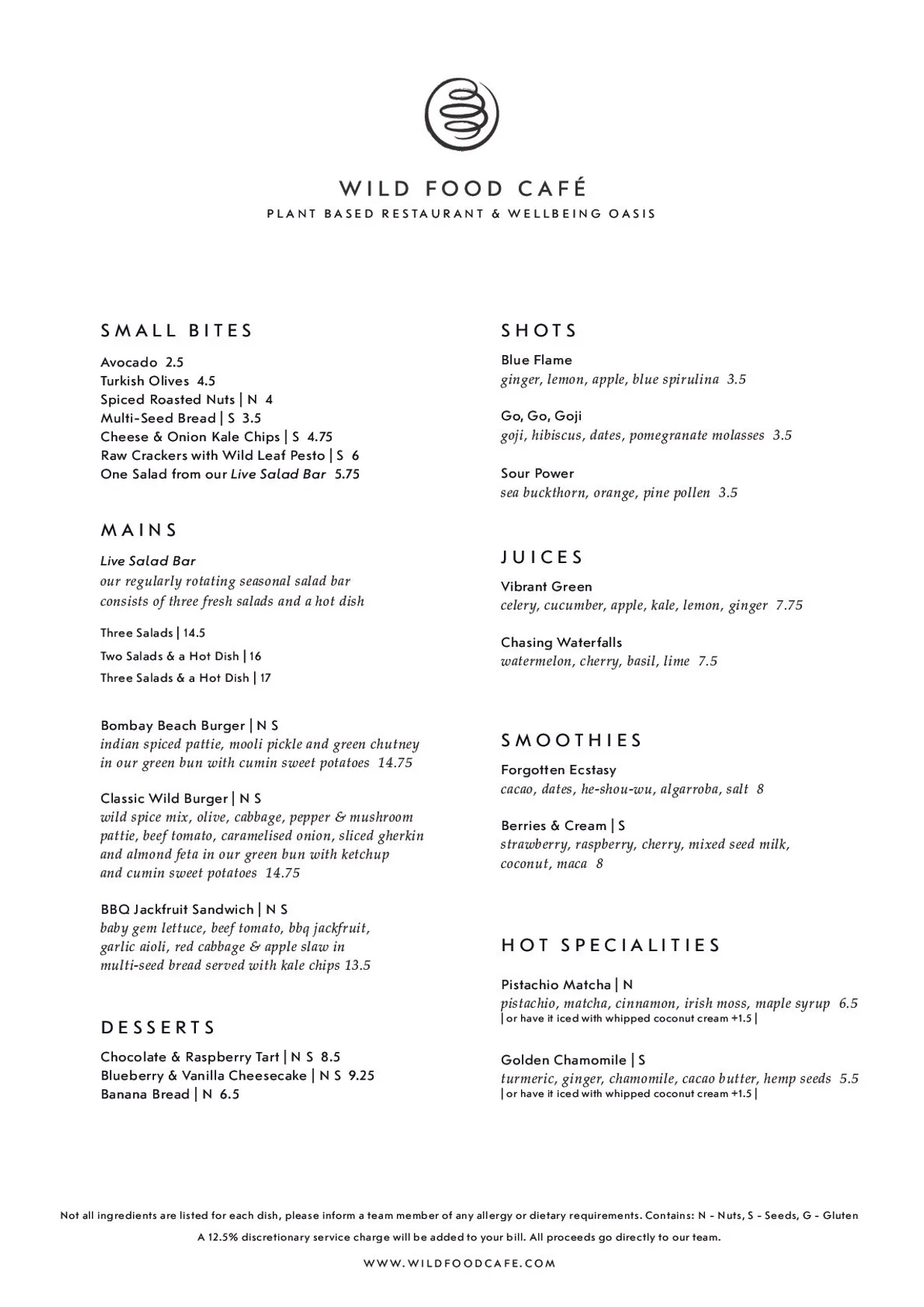 Wild Food Café - Neal's Yard menu, page 1