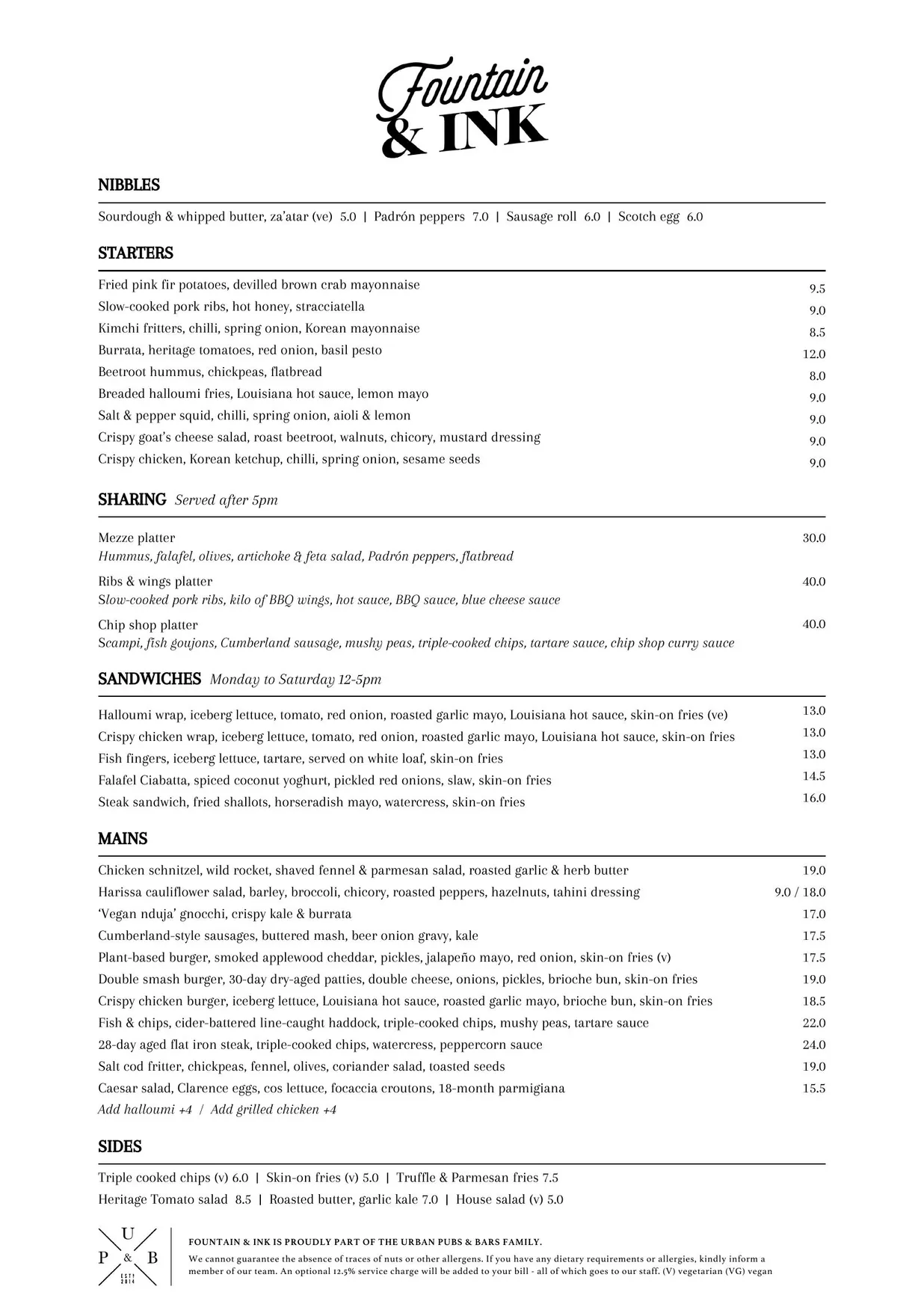 Fountain & Ink menu, page 1