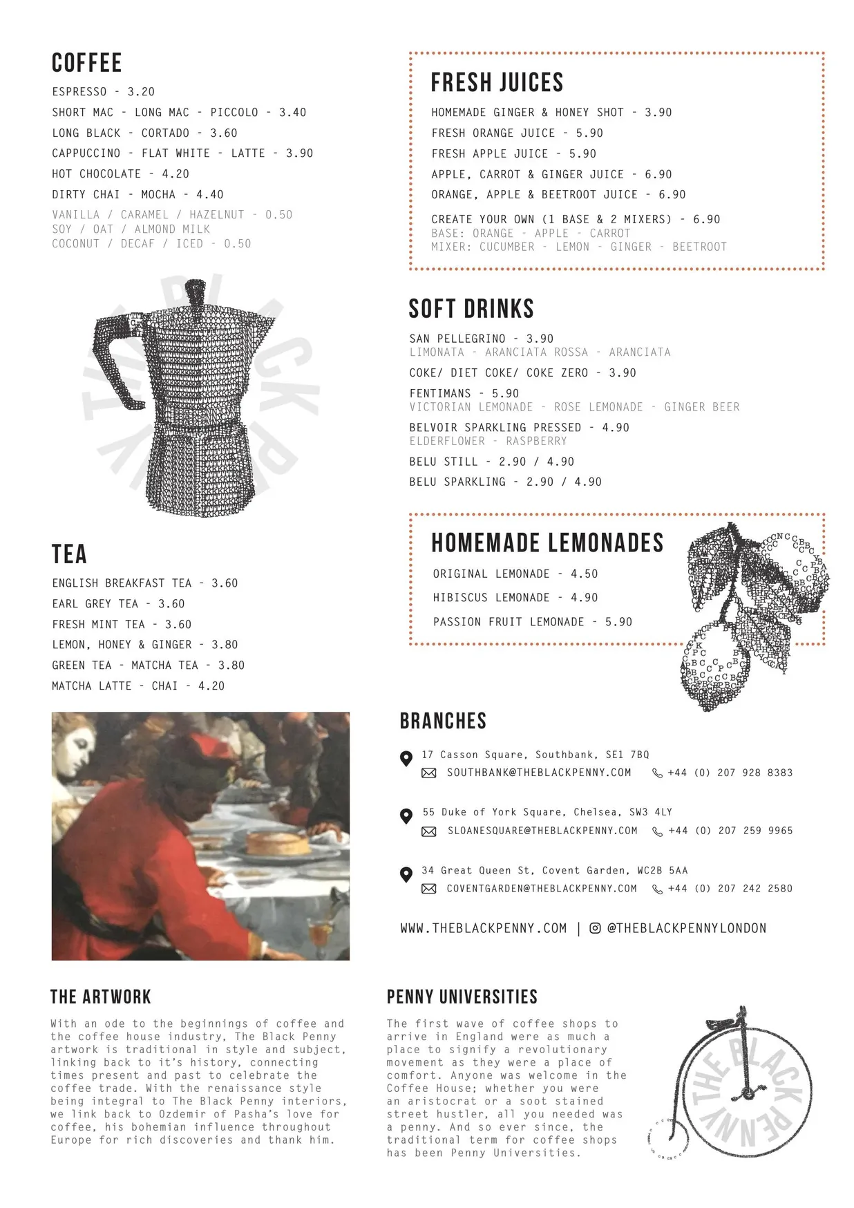 The Black Penny Southbank menu, page 2