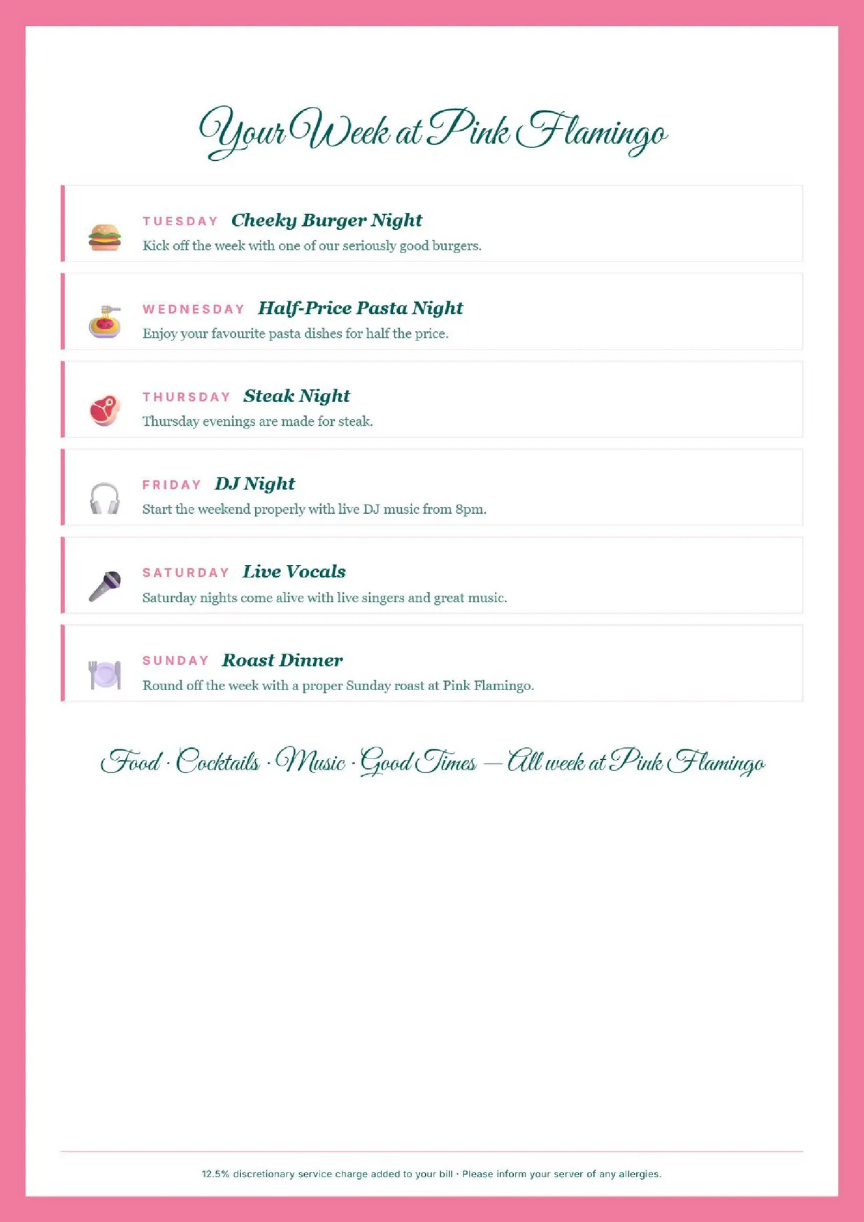 Pink Flamingo menu, page 6