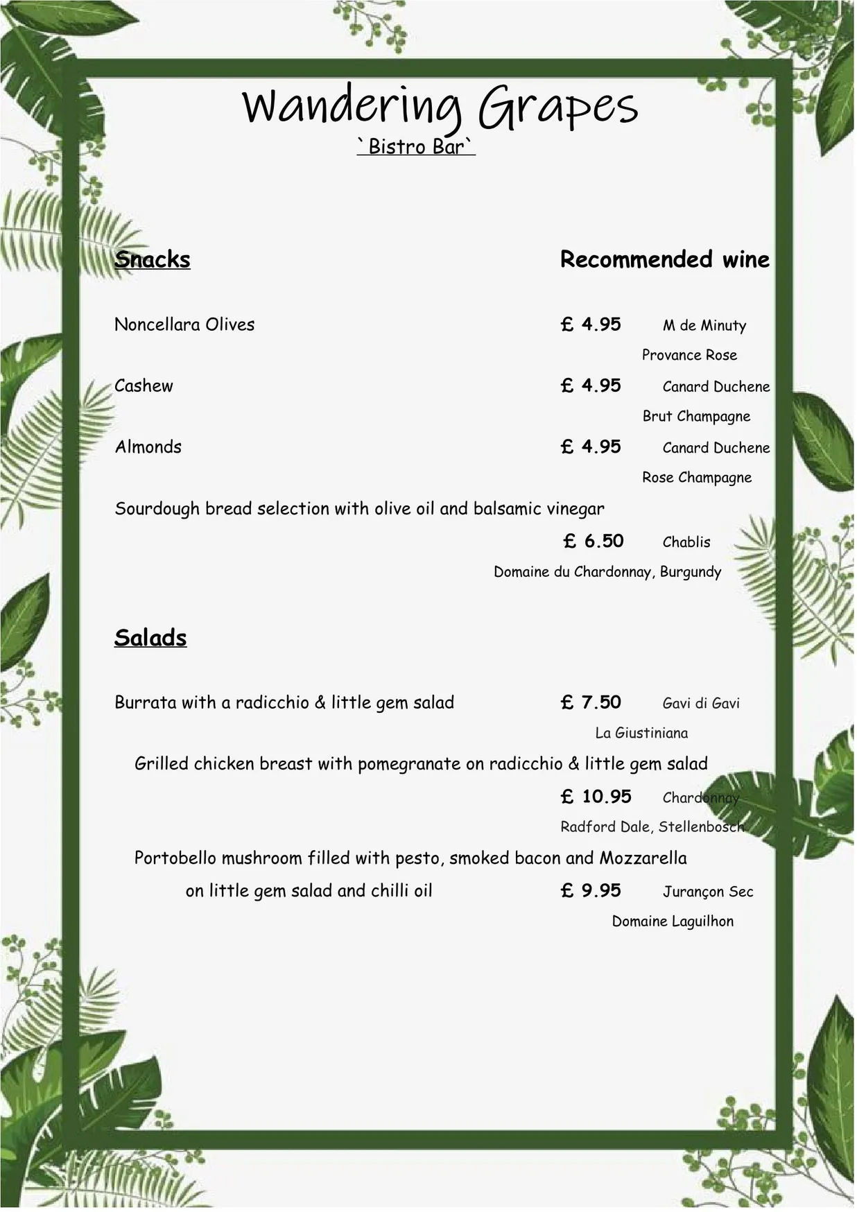 Wandering Grapes menu, page 1
