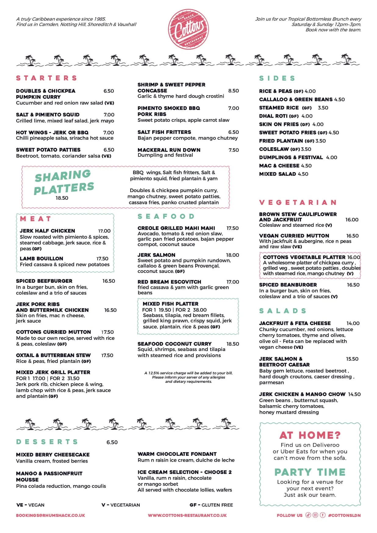 Cottons Camden menu, page 1