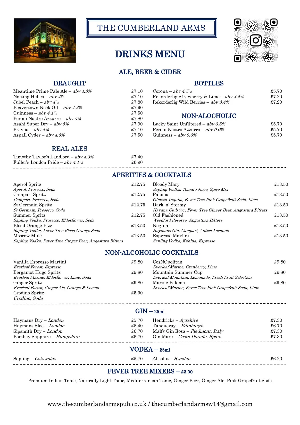 The Cumberland Arms menu, page 1