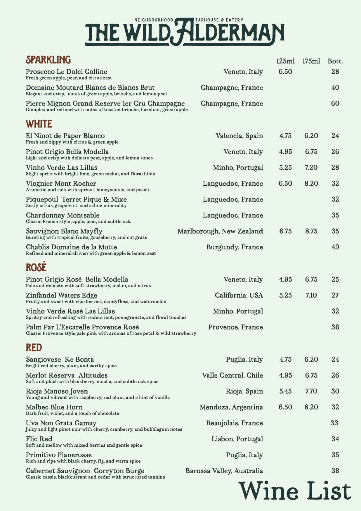 The Wild Alderman menu, page 4