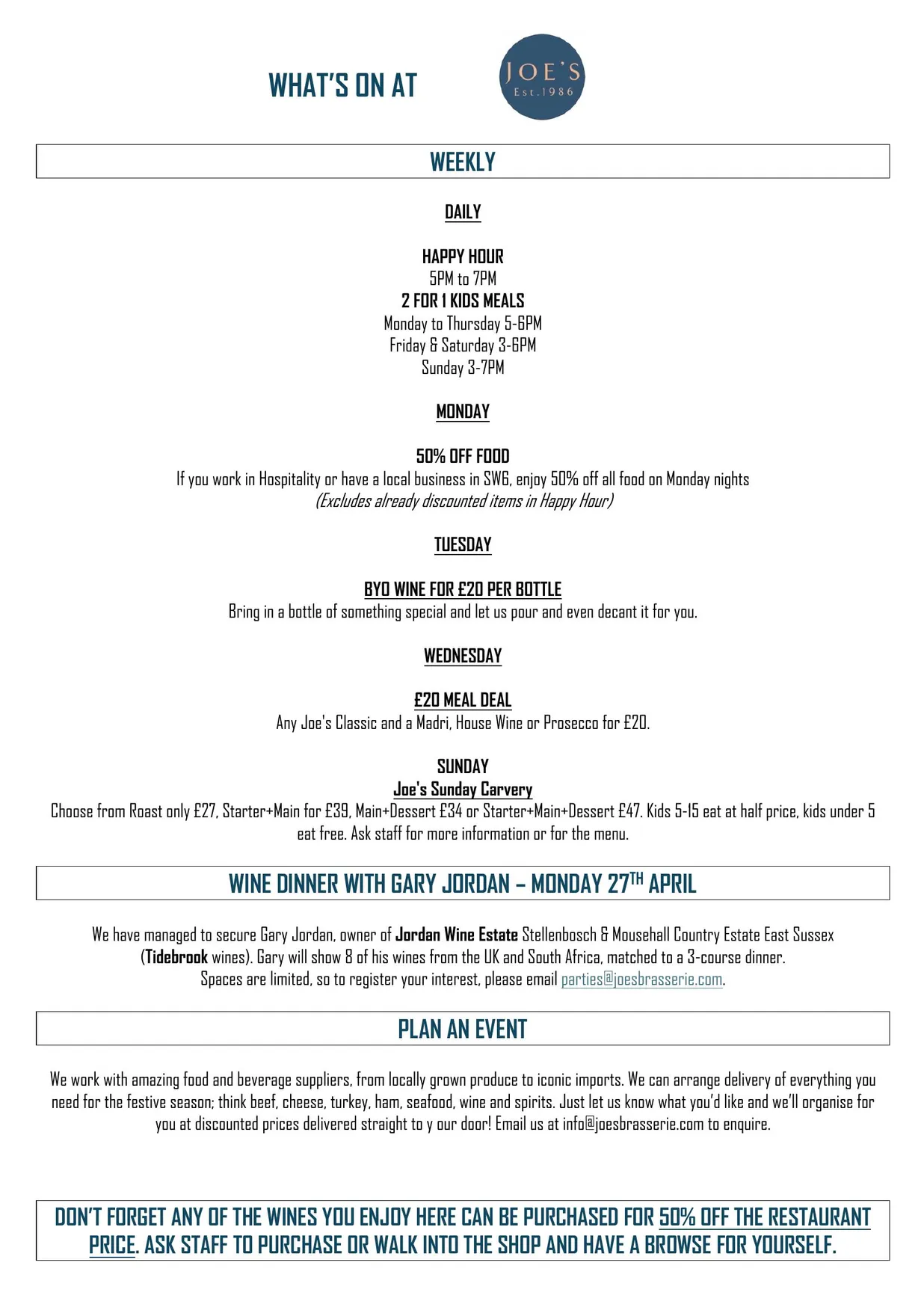 Joe's Brasserie menu, page 2